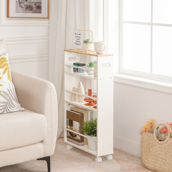 HOOBRO Serving Cart, 4-Tier Cart, Wheels with Brakes, for Kitchen, Bathroom, Living Room, White and Wood Color