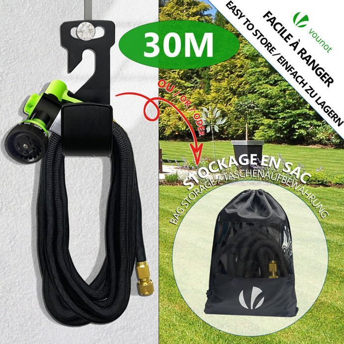 VOUNOT® Tuyau d'arrosage extensible renforcé 30m noir avec récipient savon - 8 modes - raccord et sac de rangement inclus