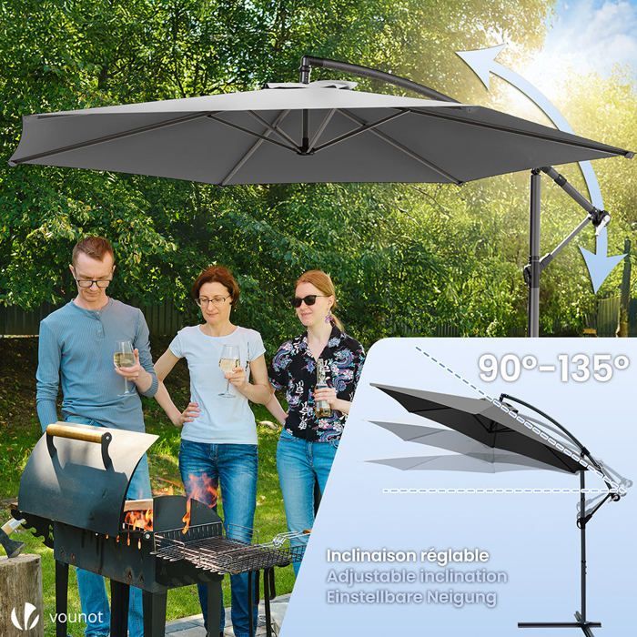 VOUNOT® 3M Cantilever Parasol, Grijs - 360° Draaibaar - Verstelbare Kantelhoek - Anti-terugloopmechanisme - Beschermhoes