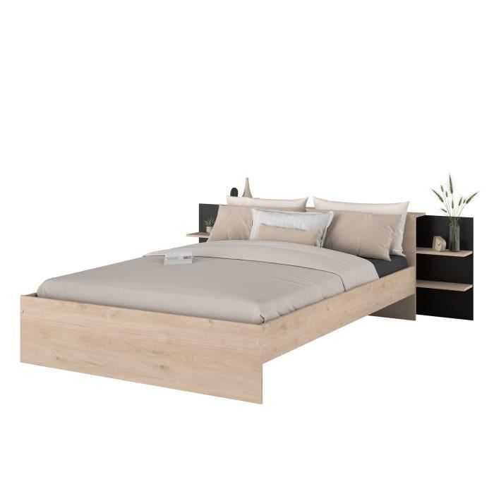 HORN Lit adulte 140 x 190 / 200 cm - Avec tiroir de rangement - Décor chêne et noir – PARISOT
