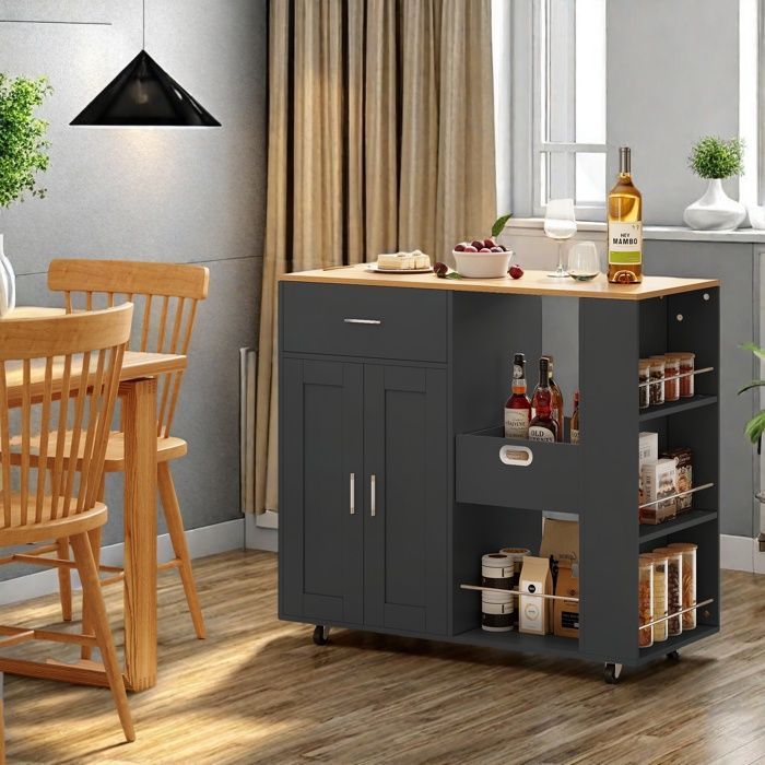 Desserte de Cuisine - Îlot à Roulettes - 102x46x92 cm - 2 Portes - 1 Tiroir - Noir