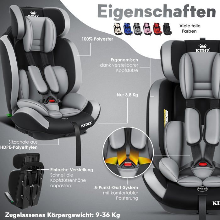 KIDIZ® Siège auto pour enfants et bébé 9-36 kg Groupe 1+2+3 Ceinture de sécurité à 5 Points Appuie-tête réglable et Évolutif Gris