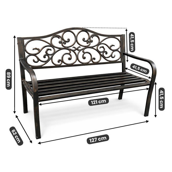 Banc de Jardin en Brun IRGA avec Pieds en Acier et dossier en fonte, Largeur 127 cm