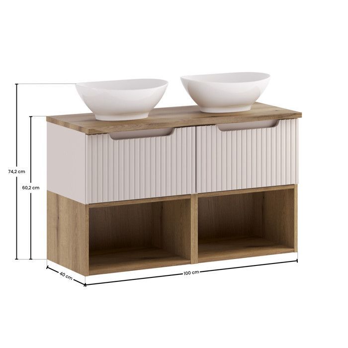 Mobile bagno sospeso NOVA da 100 cm con doppio lavabo, finitura cashmere, lavabo effetto rovere e 2 cassetti.
