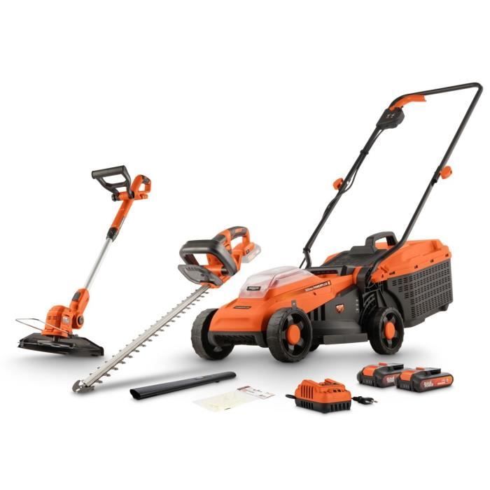 20V Brushless Lawnmower Pack (33cm cutting width) + Grass Trimmer + Hedge Trimmer - DUAL POWER POWDPGBOX25A - 2 x 20V 3Ah Batteries + Charger
