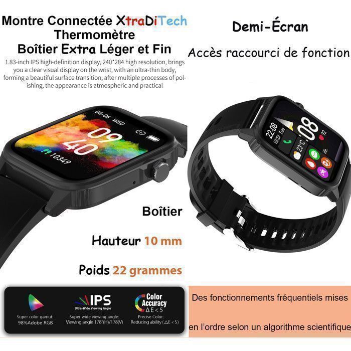 Montre Connectée Femme Homme XtraDiTech Thermomètre Sport Cardio Léger Fin IPS 1,83 Bracelets Similicuir Marron et Silicone Noir