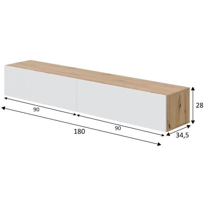 Wandmeubel voor tv - B 180 x D 28 x H 35 cm KAWAY - Wit en eiken afwerking - 2 neerklapbare deuren