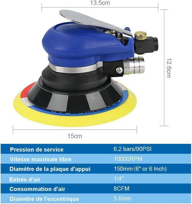 Ponceuse Excentrique 150mm - Ponceuse Pneumatique - Ponceuse Carrosserie Voiture - Bleu, 10,000 Orb/min - pour le polissage,ponçage