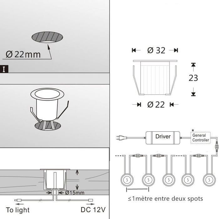 Paquete de 16 focos LED empotrables para exteriores IP67 de 0,6 W y 2700 K - kit listo para enchufar, acero inoxidable/policarbonato