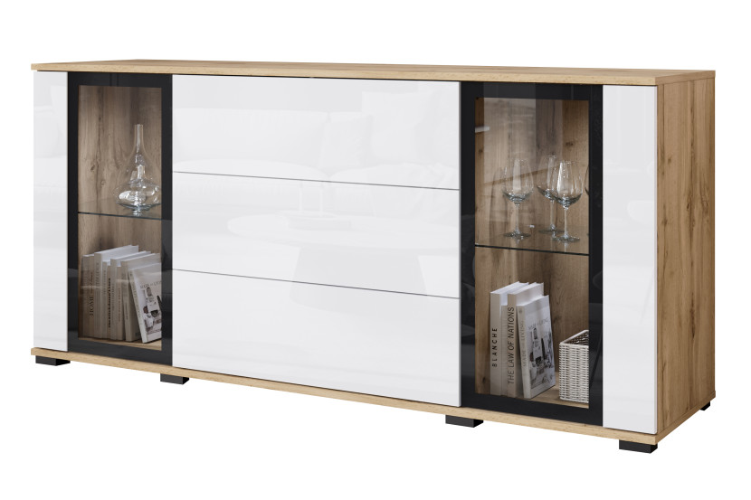 Witryna z szufladami FARO 150 cm dąb wotan/biały połysk