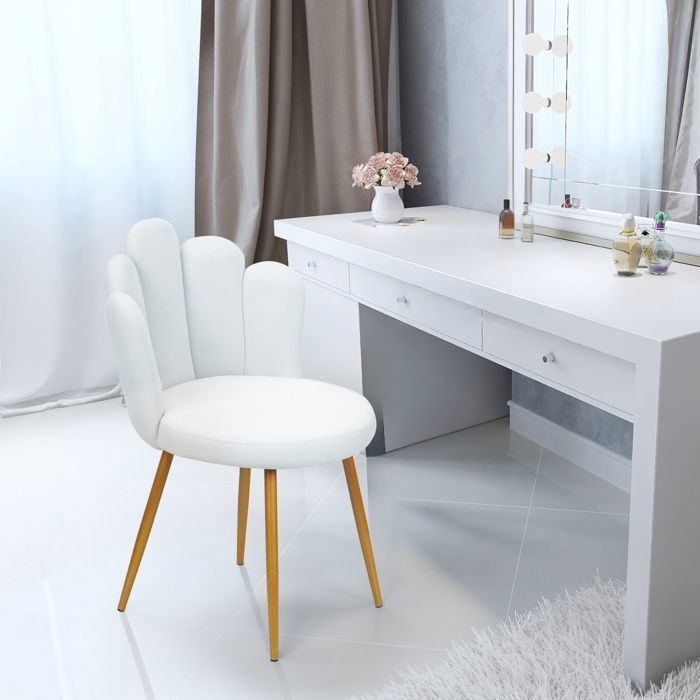 Chaise de coiffeuse en Velours Nordique avec Accoudoirs en Forme de Pétale et Pieds Dorés,blanc