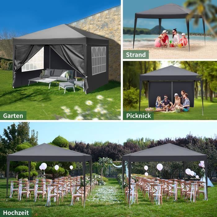 Tonnelle Pliant 3x3 m, Tonnelle de Jardin Imperméable avec 4 côtés, 4xsacs de sable,Pour la randonnée/Camping/Pique-niques, Gris
