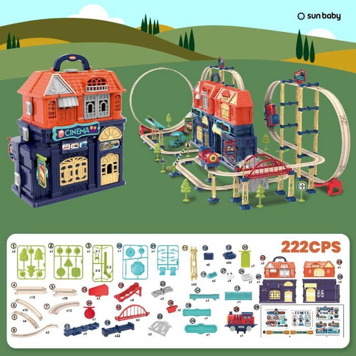 Elektrische treinset van Sun Baby voor kinderen vanaf 3 jaar - Loop, Viaduct, Brug, Slagboom, Station, Bioscoop, Winkels