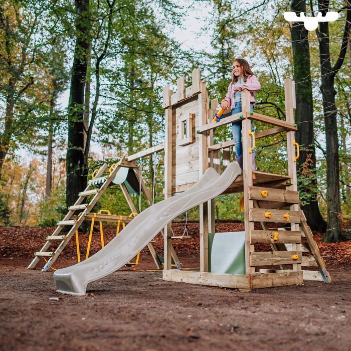 Tour de jeux bois FATMOOSE BoldBaron XXL avec SurfSwing, toboggan 220 cm vert et mur d’escalade – 10 ans de garantie*