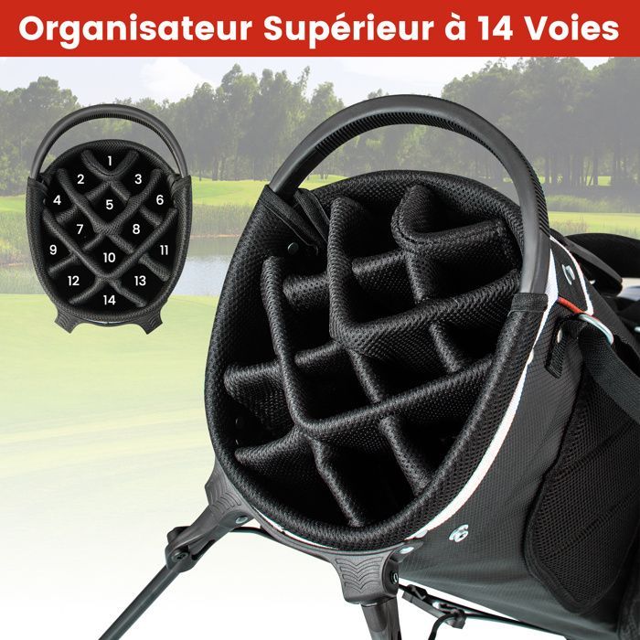 COSTWAY Tripod Golf Bag - Rainproof Hood - 14-Way Top Dividers - 6 Pockets - Insulated Bag - Double Straps - Red