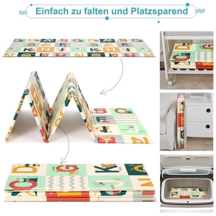 Baby play mat, double-sided crawling mat, animal and alphabet designs, foldable floor mat 200 x 180 x 1 cm