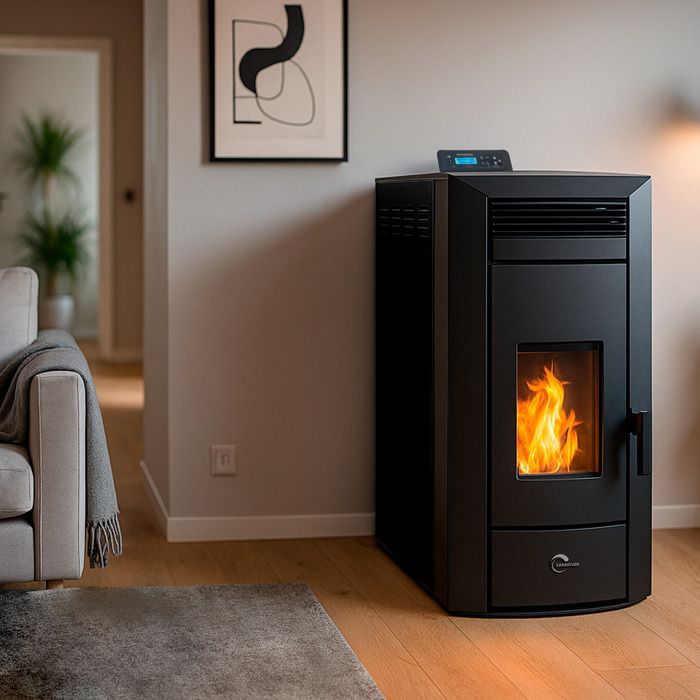 Estufa de pellets hidráulica sellada negra Sannover Kleona de 22,7 kW + kit de instalación