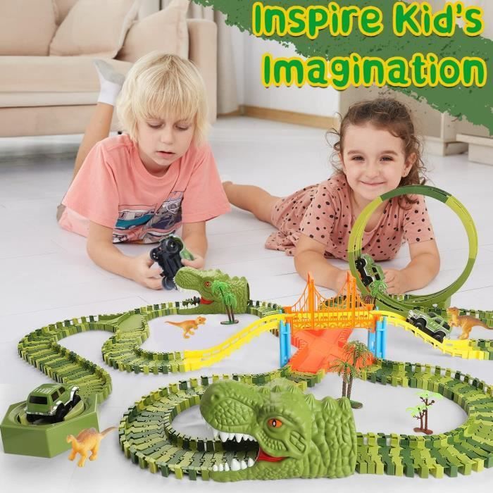 Circuit de voiture - AMOUNE - Circuit Voiture Dinosaure Flexible - 2 voitures - 6 figurines - Piste 360°