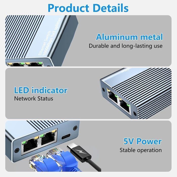 Ethernet Switch 1 to 3 1000Mbps, Rj45 Switch Multipr Rj45 Network Lan Switch Network Splitter Ethernet Switch Compatible with Computer