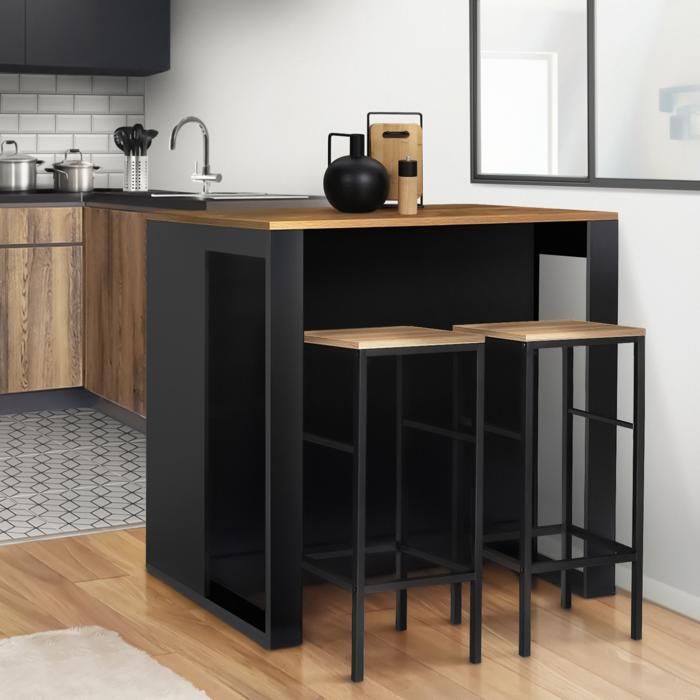 IDMARKET Table de bar îlot JUNO bois noir et plateau foncé HAWKINS