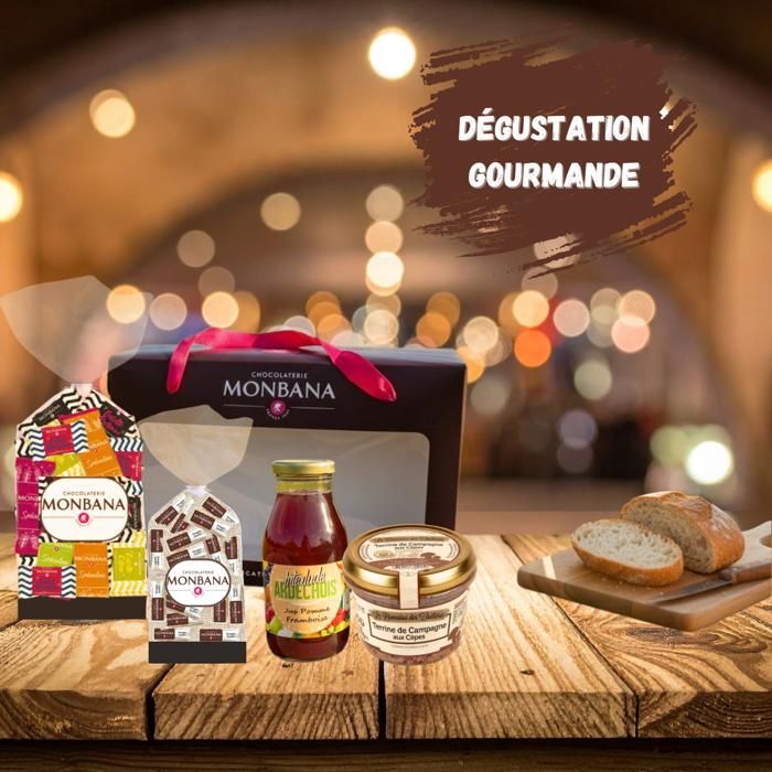 Cadeaupakket met zoet en hartig | MONBANA koekjes en nougat, terrine van eekhoorntjesbrood en vruchtensap uit de Ardèche | Franse selectie, klaar om cadeau te geven