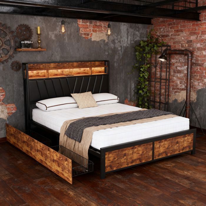 180x200 bed with slatted base - DRELYGWEA - king size 180x200 bed frame with storage - LED - Black and Brown