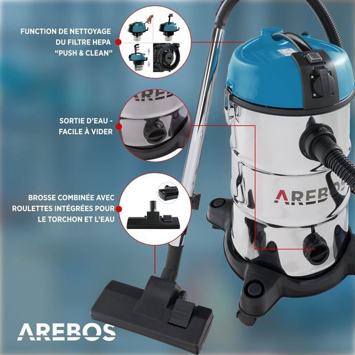 AREBOS Industrial Vacuum Cleaner | Wet and Dry Vacuum Cleaner | Dry and Wet Vacuum Cleaner | 5-in-1 | 1300W | 30L | Stainless Steel |