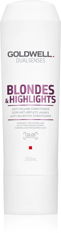 Condicionador Goldwell Dualsenses Blondes & Highlights para cabelos loiros, neutraliza tons amarelados.