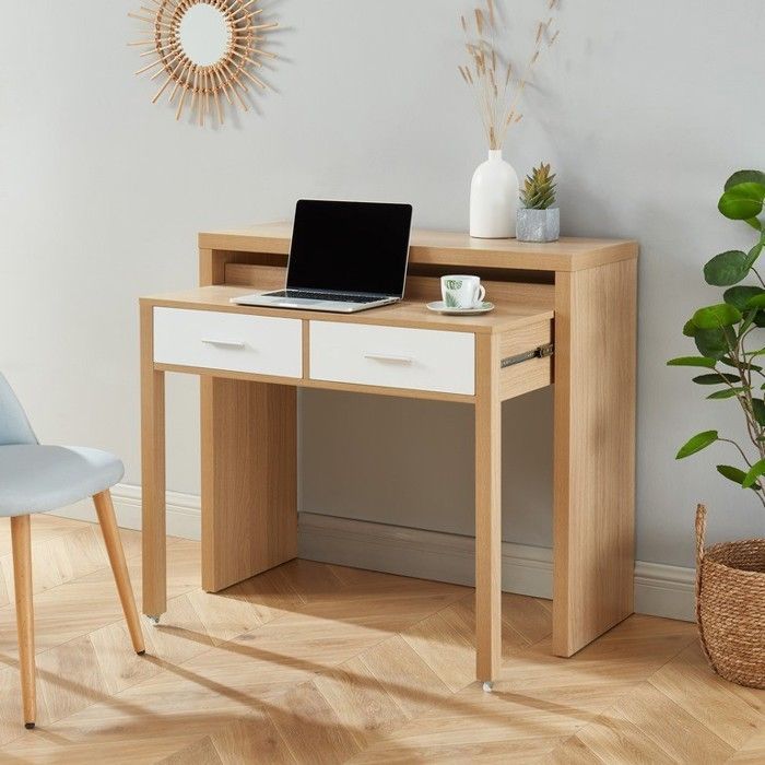Escritorio STUDIO extensible en blanco y efecto roble con 2 cajones - Madera