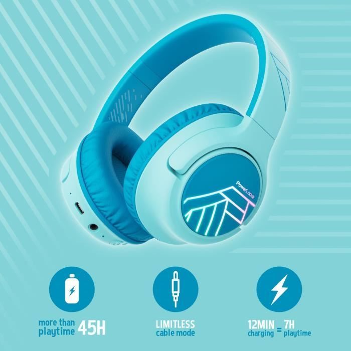 Kids Headphones - PowerLocus - Bluetooth - Volume Limiter 74-85-94dB - 45 Hours - Colorful LED Lights