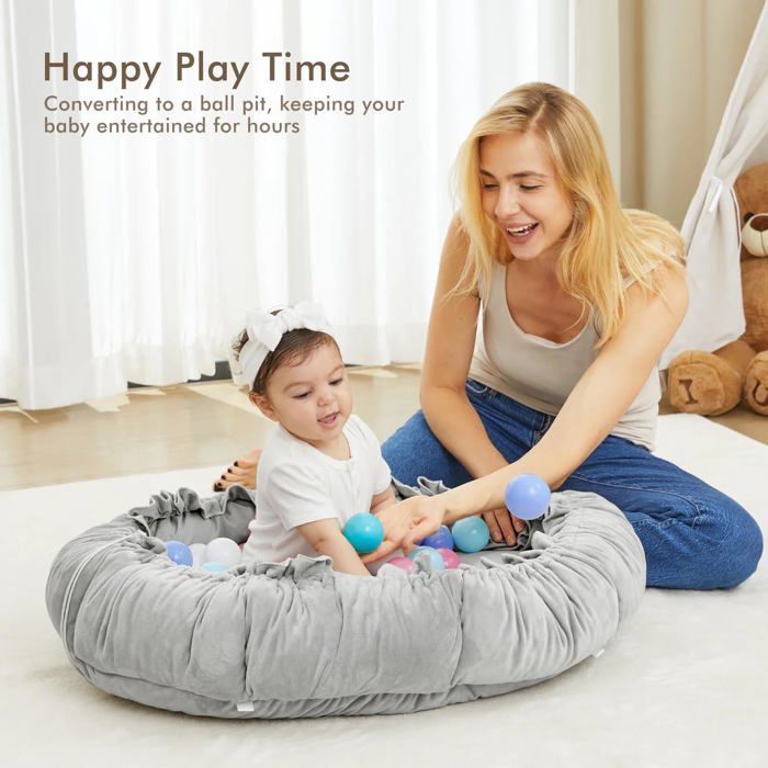 Alfombra de juegos acolchada y reversible para bebés – 120x90x73 cm – Cómoda, incluye juguetes sensoriales (gris)