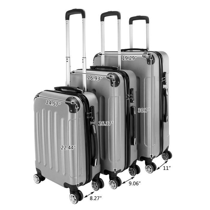 Juego de 3 maletas con cerradura de combinación - 4 ruedas giratorias de 360° - Gris - 20