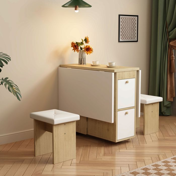 Set Table à Manger + 4 Chaises – Blanc + Chêne – Table Extensible/Pliable 120x80 cm – Design Moderne – Multifonction