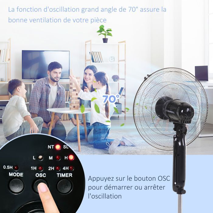 Ventilador de pedestal potente - HOMCOM - 45 W - altura regulable de 110 a 124 cm - mando a distancia - 3 velocidades, oscilación y temporizador