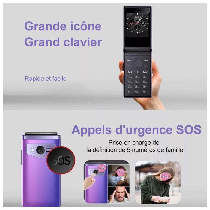 Teléfono plegable HAMTOD T8 4G para personas mayores - Botones grandes - Botón SOS - Batería de 1500 mAh - Pantalla dual de 2,8