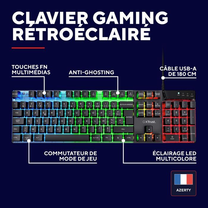 Trust Gaming GXT 835 Azor Clavier Gamer Filaire AZERTY Français, Éclairage LED Arc-en-Ciel, Mode Jeu, 8 Touches Anti-ghosting - Noir
