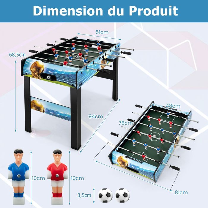 Mesa de futbolín infantil 2 en 1 - DREAMADE - Patas desmontables - 14 jugadores bicolor y 2 pelotas - Mango ergonómico - 94 x 51 x 68,5 cm
