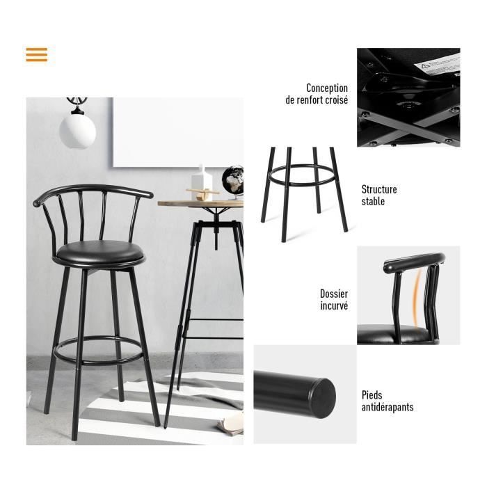 Conjunto de 2 banquetas de metal DREAMADE com encosto e apoio para os pés, giro de 360°, estilo industrial, para cozinha/bar, pretas.