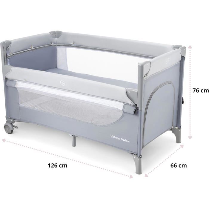 Lit Parapluie 3en1 Voyage, Lit D'appoint & Parc Bébé Moby System, Réglage latéral 4 niveaux, Matelas 2 niveaux, Plan à Langer, Roues