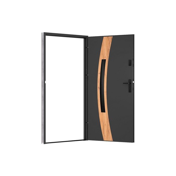 Puerta de entrada de acero y acero inoxidable con paneles de vidrio, 207 cm de alto x 100 cm de ancho - vidrio ahumado - efecto antracita y roble - 55 mm de espesor - apertura a la derecha