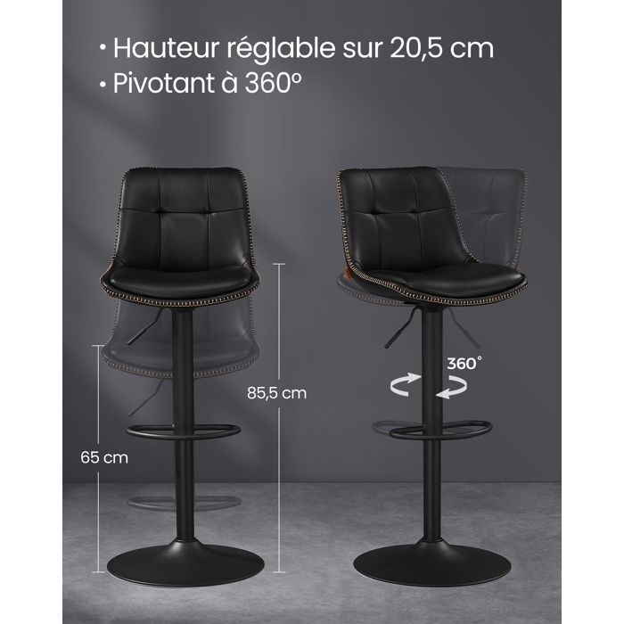 Taburetes de bar VASAGLE, juego de 4, asiento giratorio regulable en altura, tapizados en piel sintética, con respaldo, para encimera, de acero, color negro tinta.
