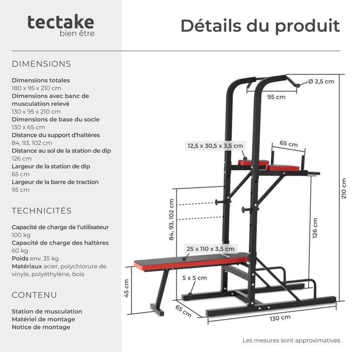 Entrenamiento con pesas - TECTAKE - Estación de entrenamiento con pesas REEVES de acero con banco plegable, barra de dominadas y estación de fondos - Negro
