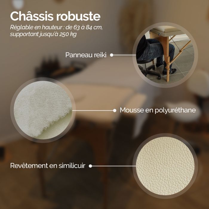 Table de massage pliante 2 zones en bois avec panneau Reiki + Accessoires et housse de transport - Beige - Vivezen