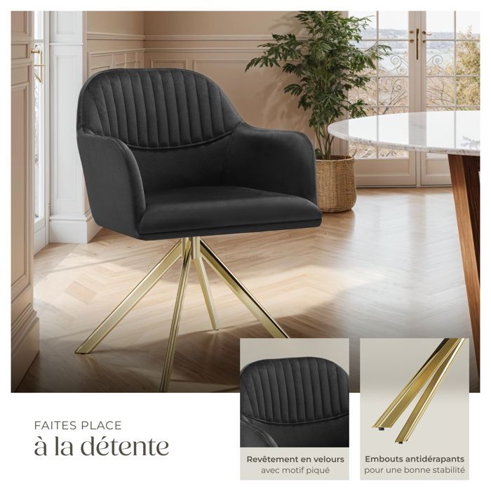 Chaise - TECTAKE - Fauteuil LONA pivotant à 360° avec rembourrage épais et dossier arrondi 56 x 59 x 81 cm - Noir/Or