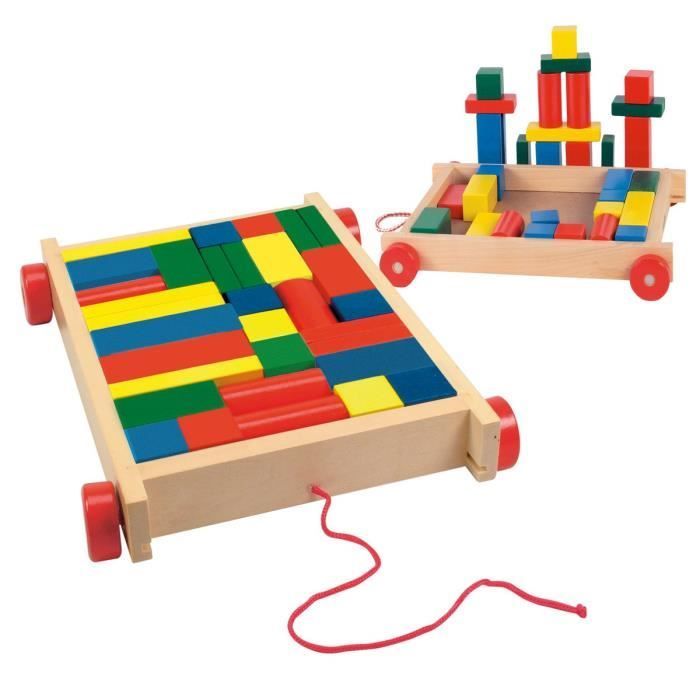 Jeu de construction en bois - KART - Chariot à tirer - 34 pièces - Multicolore