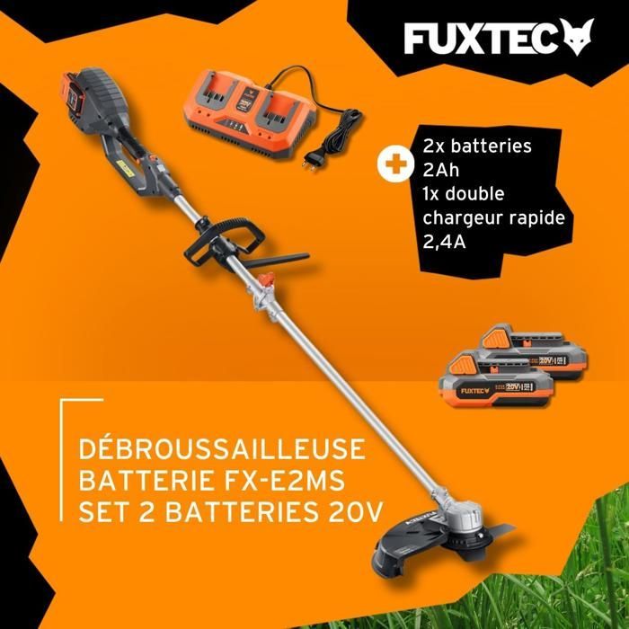 Desbrozadora inalámbrica FUXTEC FX-E2MS con 2 baterías de 20 V y 2 Ah, cargador doble de 2,4 A incluido, hilo y cuchilla, ancho de corte de 25,5 a 35 cm.