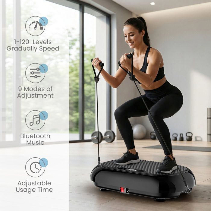 Plataforma vibratoria con 120 niveles de intensidad, 9 modos, capacidad de 150 kg, altavoz Bluetooth para un entrenamiento de cuerpo completo.