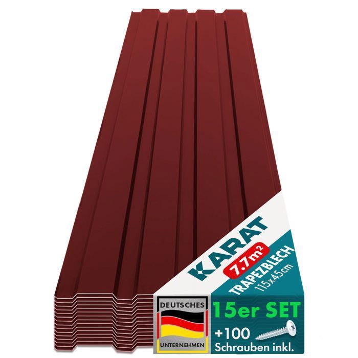 15 láminas metálicas trapezoidales con tornillos, 0,25 mm de espesor, 115 x 45 cm, rojas