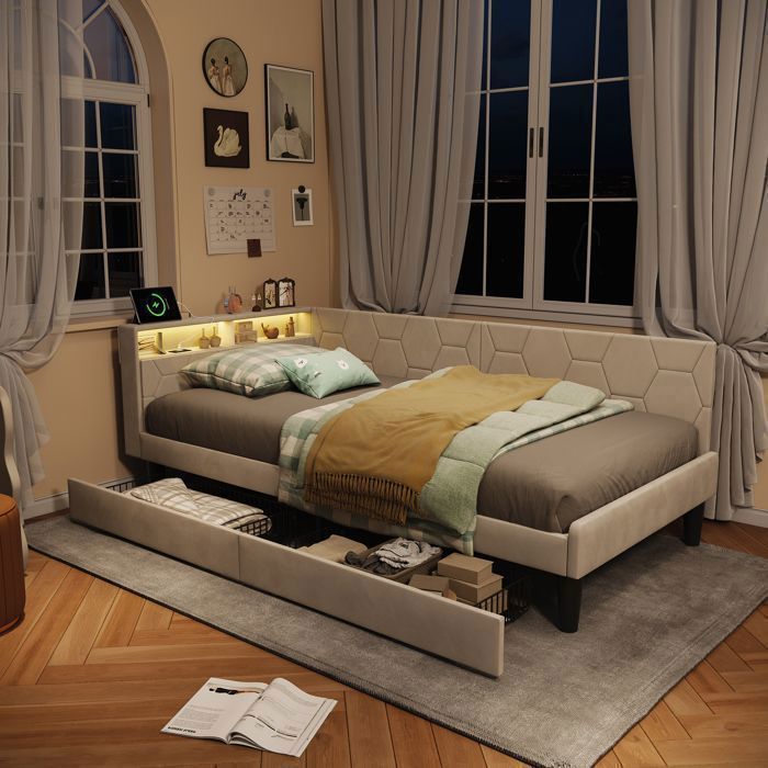 Divano letto convertibile - Click Clack - Velluto beige - 2 cassetti e vano portaoggetti - LED RGB e USB Type-C