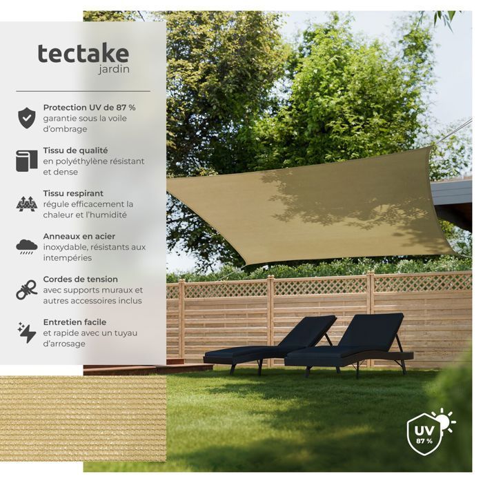 Shade sail - TECTAKE - SUNNY outdoor sun protection in tear-resistant HDPE with waterproof UV protection 3x5m - Sand